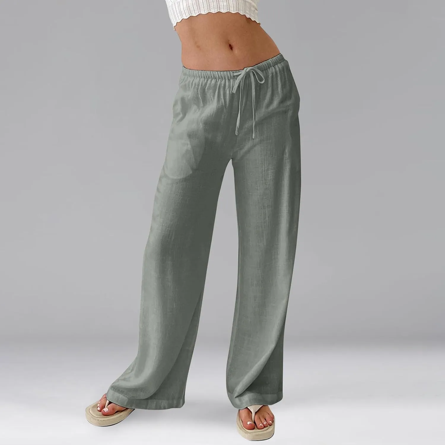 Womens Summer Pants Casual Cotton Linen Button 2025 Wide Leg Pants Beach High Rise Solid Fashion Trousers Cute Pockets