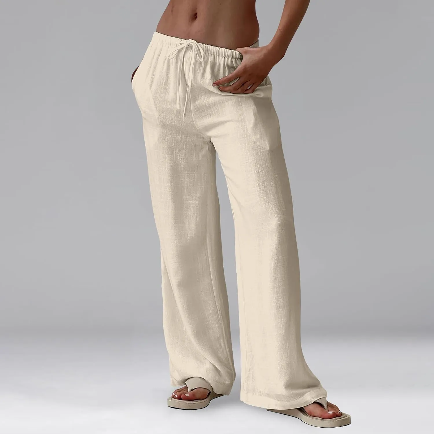 Womens Summer Pants Casual Cotton Linen Button 2025 Wide Leg Pants Beach High Rise Solid Fashion Trousers Cute Pockets
