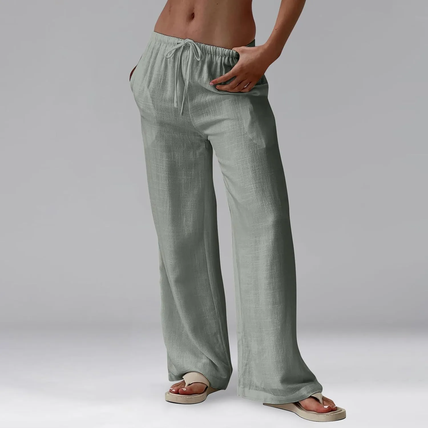Womens Summer Pants Casual Cotton Linen Button 2025 Wide Leg Pants Beach High Rise Solid Fashion Trousers Cute Pockets