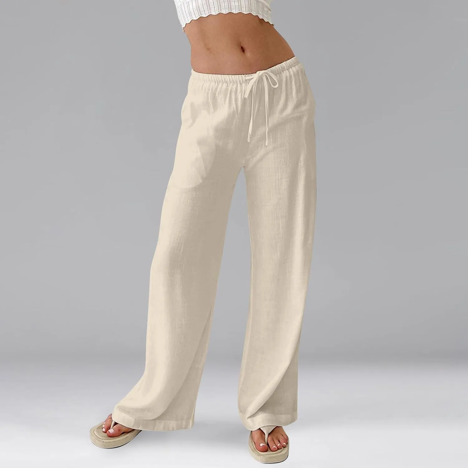 Womens Summer Pants Casual Cotton Linen Button 2025 Wide Leg Pants Beach High Rise Solid Fashion Trousers Cute Pockets