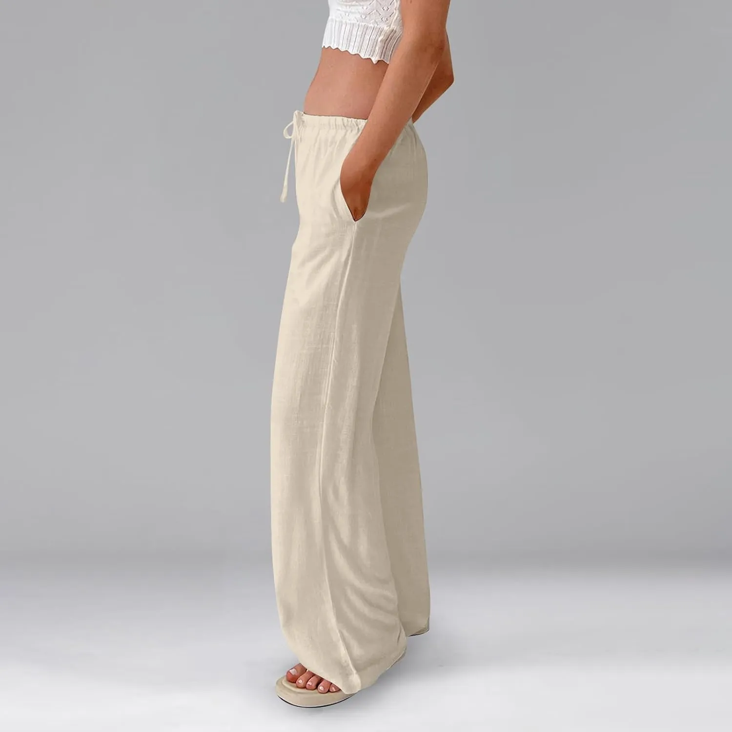 Womens Summer Pants Casual Cotton Linen Button 2025 Wide Leg Pants Beach High Rise Solid Fashion Trousers Cute Pockets