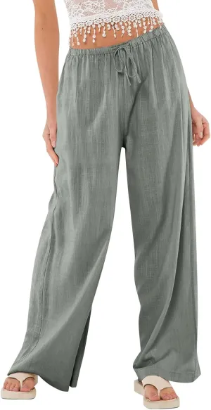 Womens Summer Pants Casual Cotton Linen Button 2025 Wide Leg Pants Beach High Rise Solid Fashion Trousers Cute Pockets