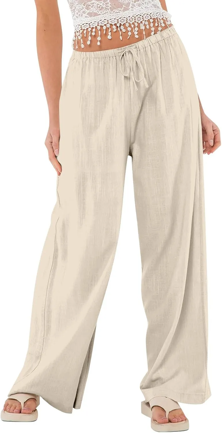 Womens Summer Pants Casual Cotton Linen Button 2025 Wide Leg Pants Beach High Rise Solid Fashion Trousers Cute Pockets