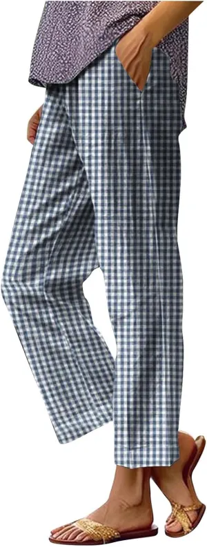 Womens Summer Pants Casual Cotton Linen Checkered Straight Leg Pants Loose Fit Work Business Long Trousers