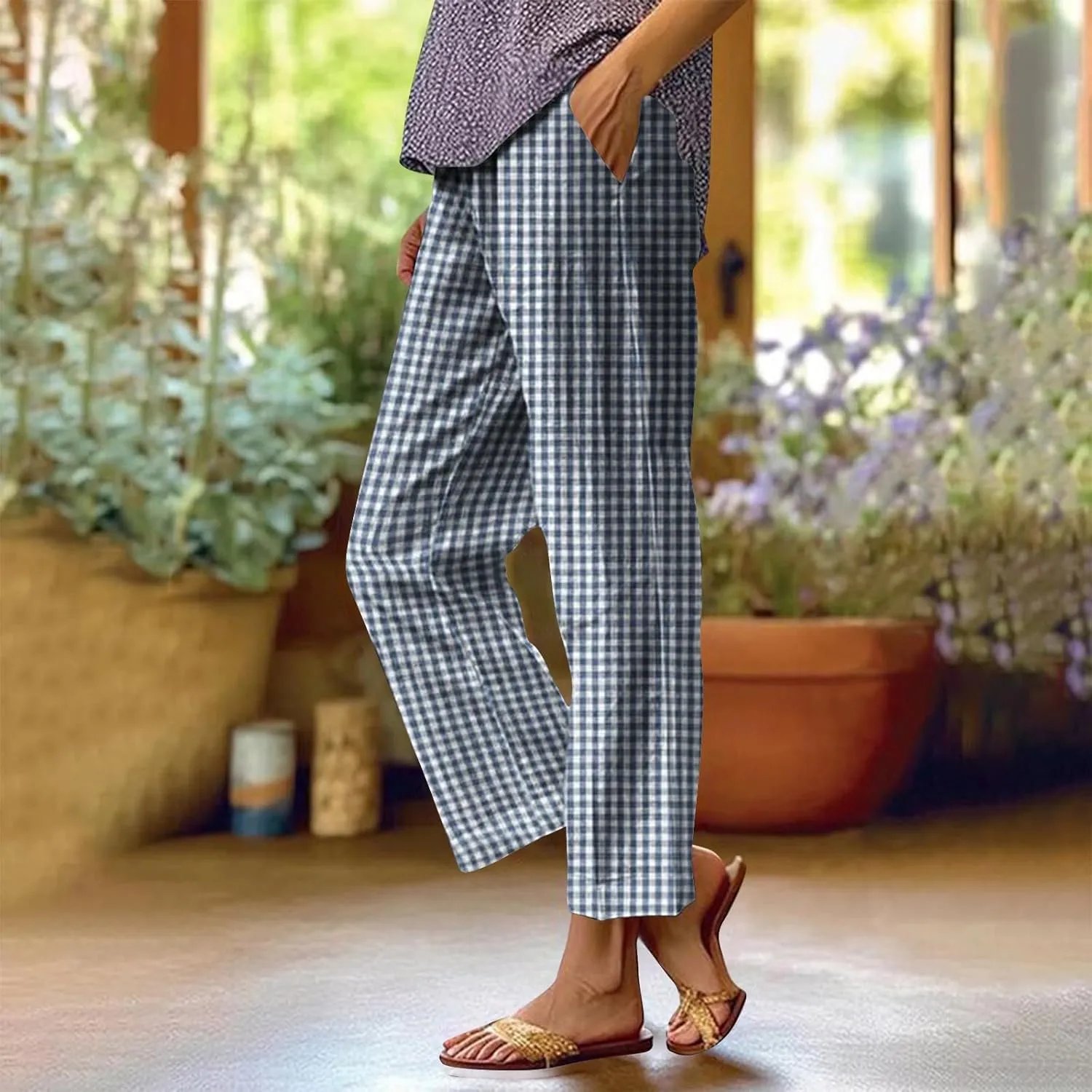 Womens Summer Pants Casual Cotton Linen Checkered Straight Leg Pants Loose Fit Work Business Long Trousers