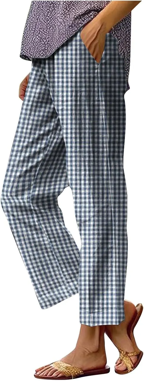 Womens Summer Pants Casual Cotton Linen Checkered Straight Leg Pants Loose Fit Work Business Long Trousers