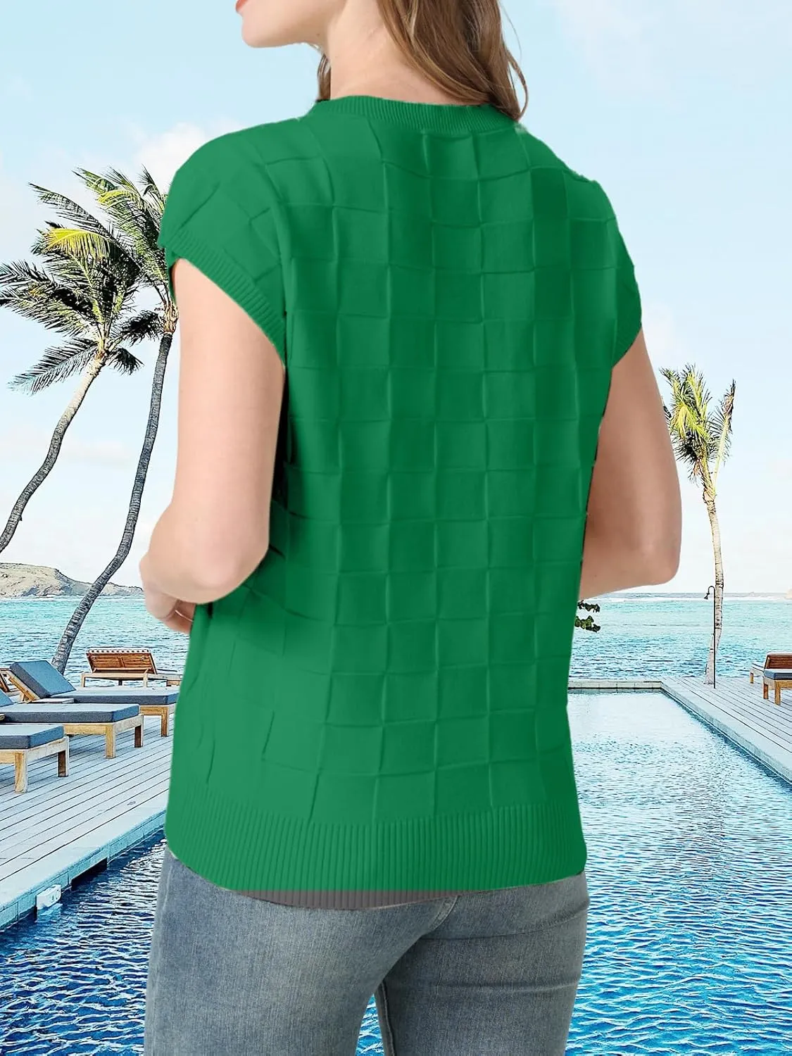 Womens Summer Trendy Shirts Tops 2025 Cap Short Sleeve Sweater Vest Crewneck Checkered Pocket Lightweight Tee Outfits