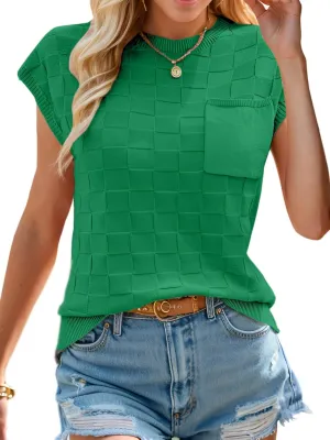 Womens Summer Trendy Shirts Tops 2025 Cap Short Sleeve Sweater Vest Crewneck Checkered Pocket Lightweight Tee Outfits