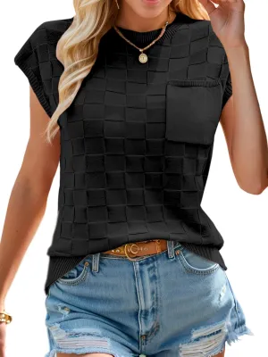 Womens Summer Trendy Shirts Tops 2025 Cap Short Sleeve Sweater Vest Crewneck Checkered Pocket Lightweight Tee Outfits