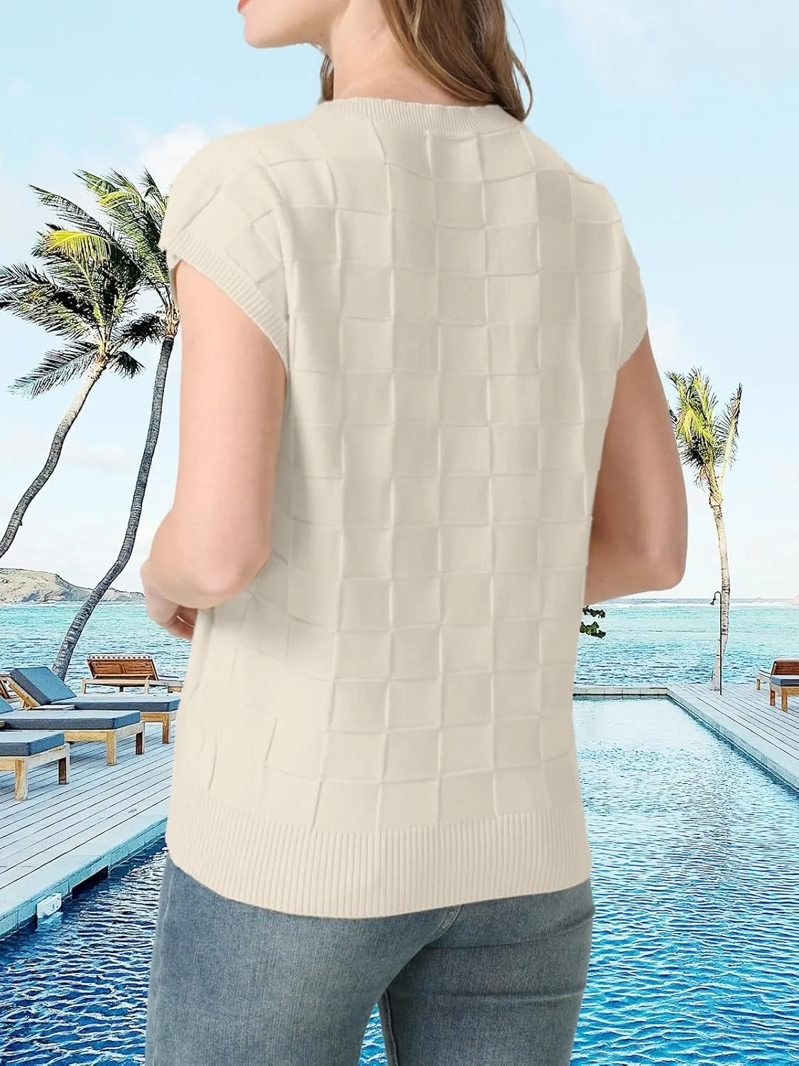 Womens Summer Trendy Shirts Tops 2025 Cap Short Sleeve Sweater Vest Crewneck Checkered Pocket Lightweight Tee Outfits