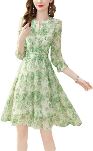 Women's Summer V-Neck Spliced Chiffon Printed Ruffles Folds Mini Dress Loose Floral Dress