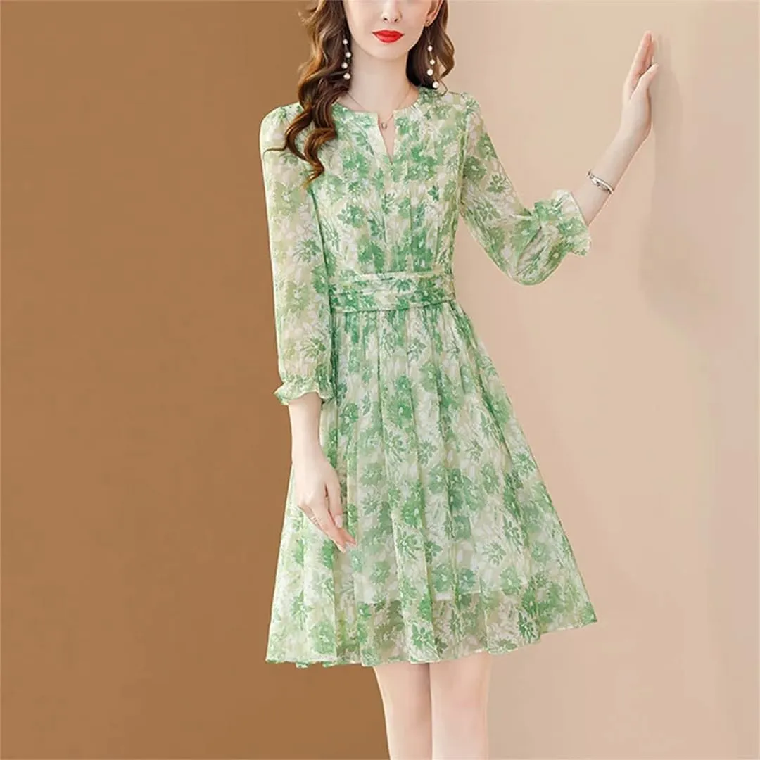 Women's Summer V-Neck Spliced Chiffon Printed Ruffles Folds Mini Dress Loose Floral Dress