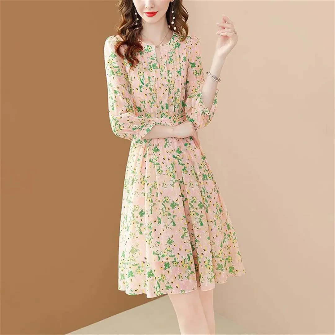 Women's Summer V-Neck Spliced Chiffon Printed Ruffles Folds Mini Dress Loose Floral Dress