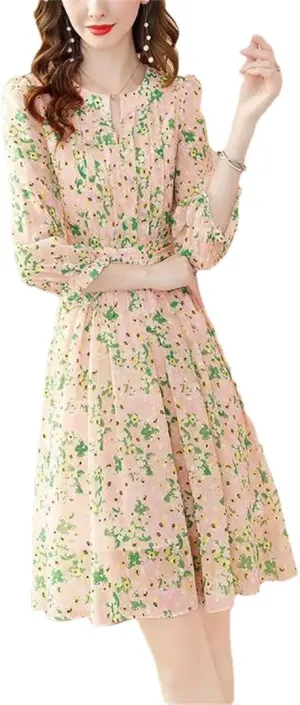 Women's Summer V-Neck Spliced Chiffon Printed Ruffles Folds Mini Dress Loose Floral Dress