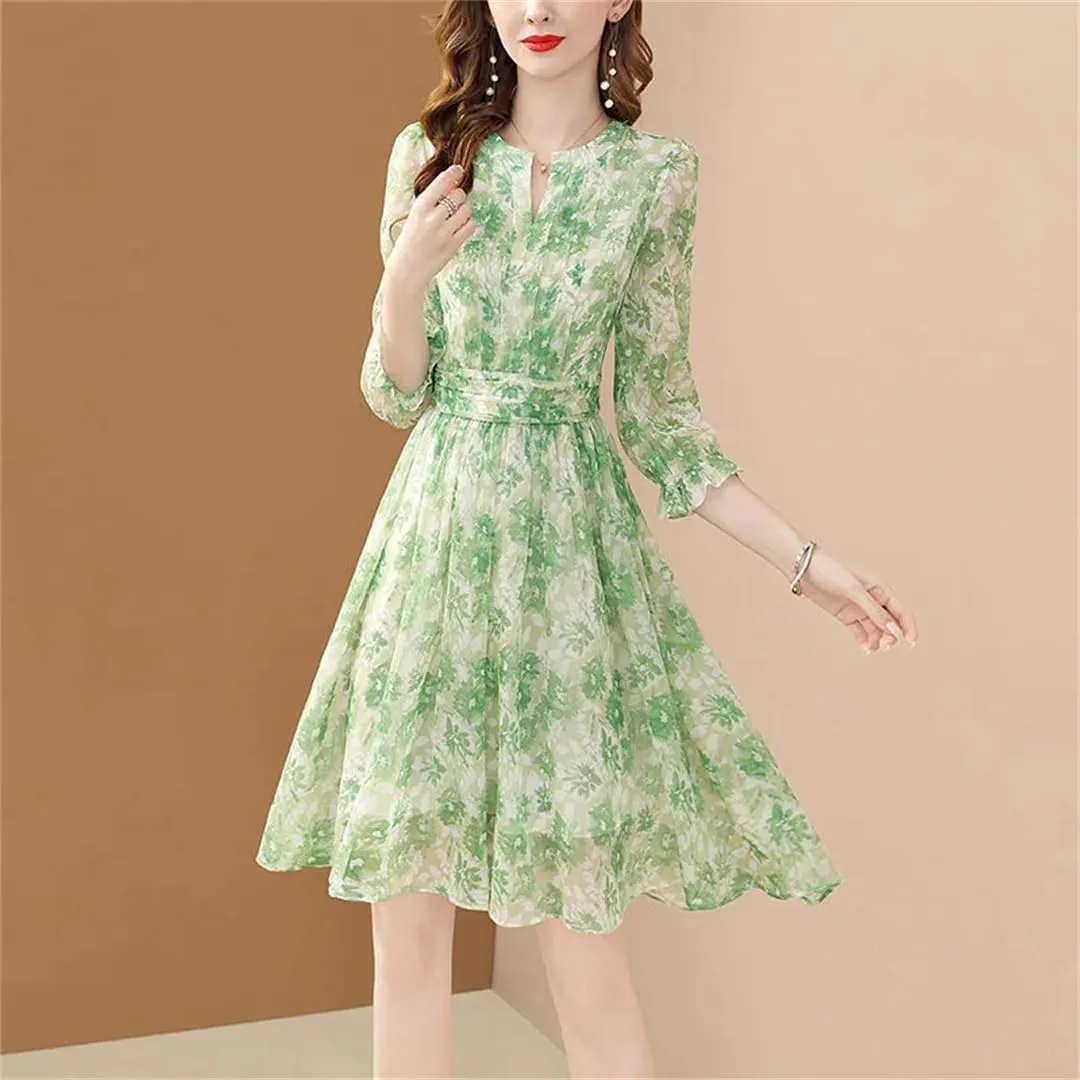 Women's Summer V-Neck Spliced Chiffon Printed Ruffles Folds Mini Dress Loose Floral Dress