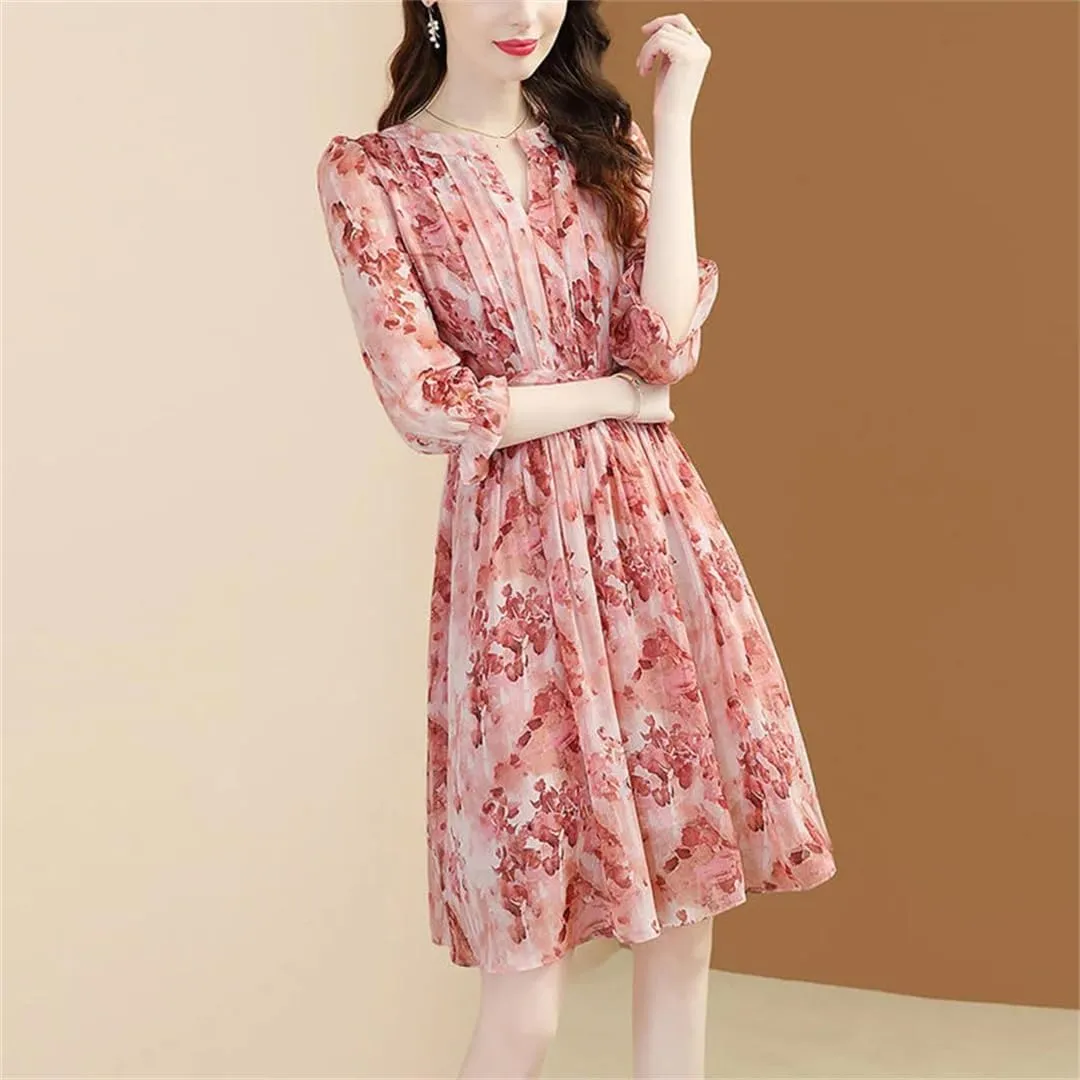 Women's Summer V-Neck Spliced Chiffon Printed Ruffles Folds Mini Dress Loose Floral Dress