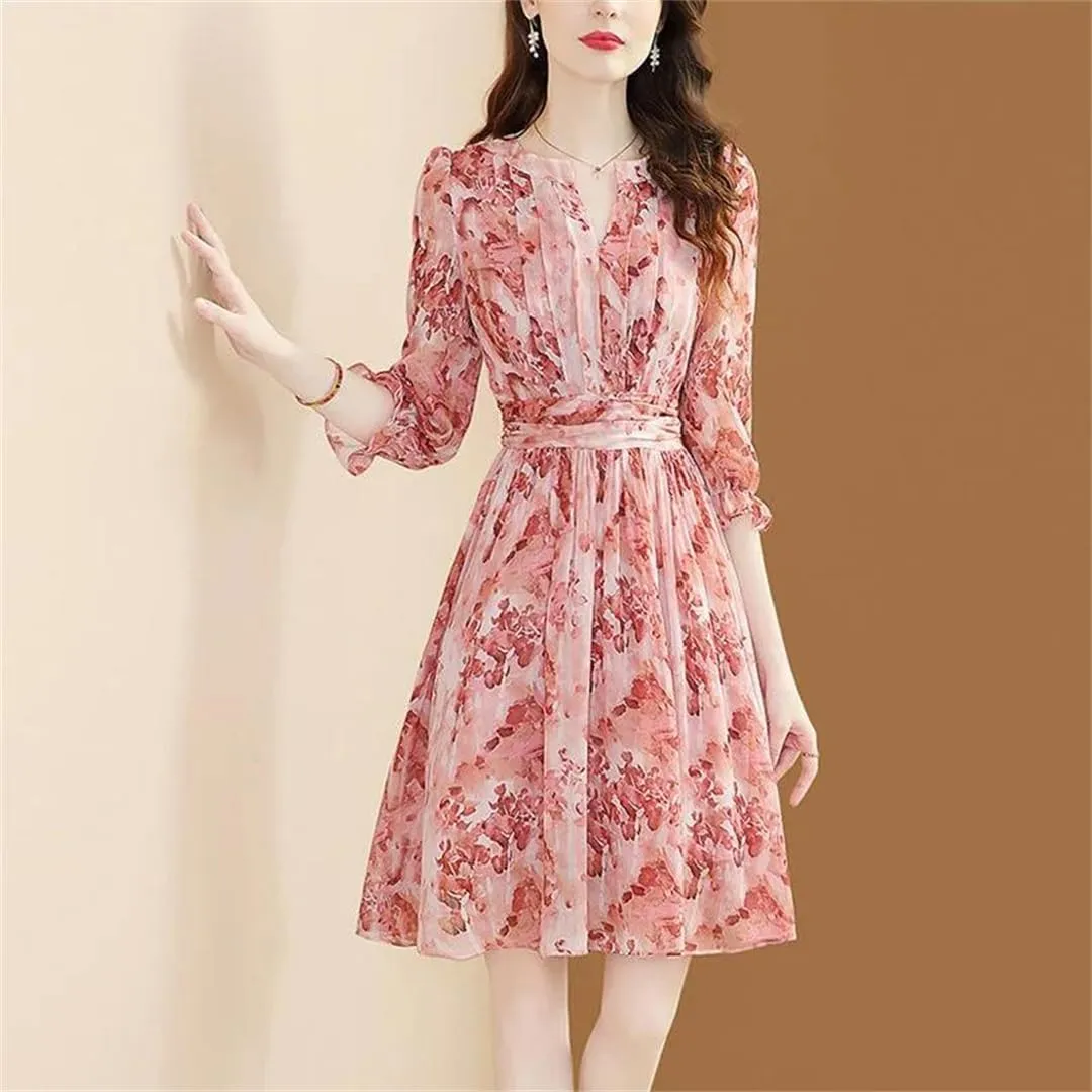 Women's Summer V-Neck Spliced Chiffon Printed Ruffles Folds Mini Dress Loose Floral Dress