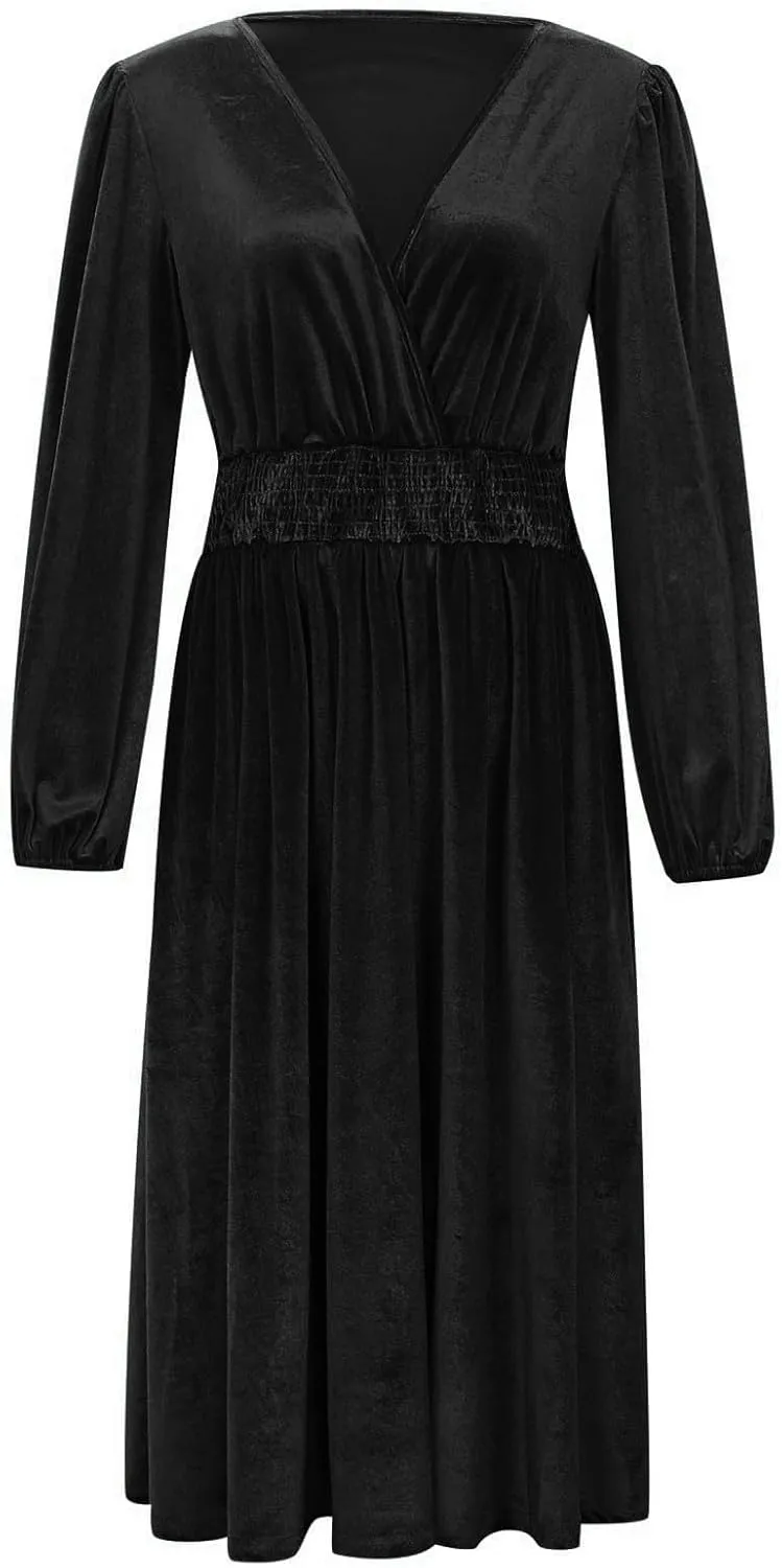Women's Velvet Dress Long Puff Sleeve Cocktail Party Semi-Formal Fit and Flare Church Wedding Guest Work Dresses