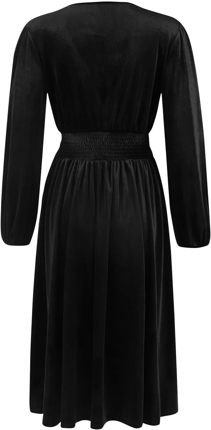 Women's Velvet Dress Long Puff Sleeve Cocktail Party Semi-Formal Fit and Flare Church Wedding Guest Work Dresses