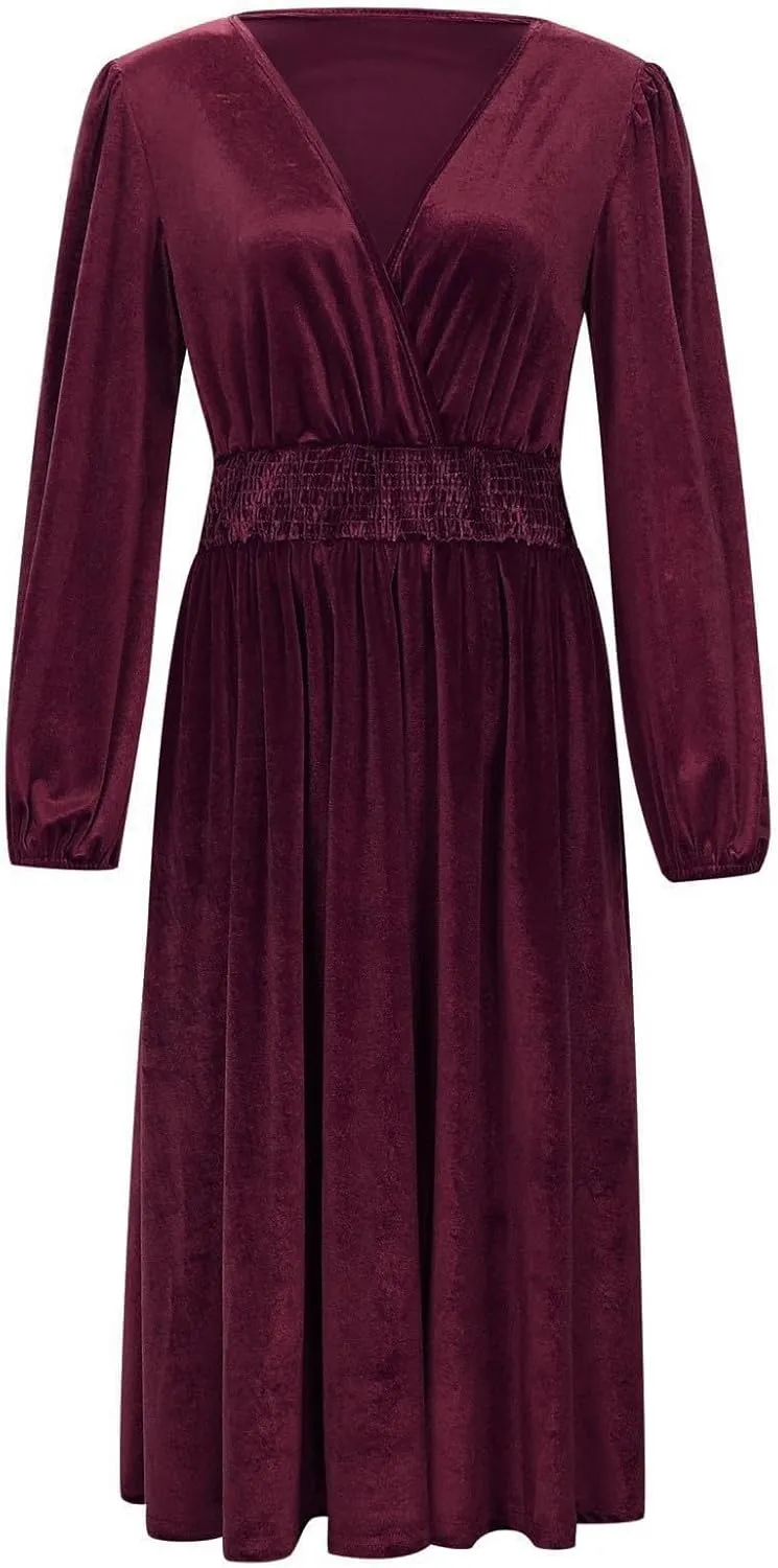 Women's Velvet Dress Long Puff Sleeve Cocktail Party Semi-Formal Fit and Flare Church Wedding Guest Work Dresses