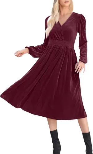 Women's Velvet Dress Long Puff Sleeve Cocktail Party Semi-Formal Fit and Flare Church Wedding Guest Work Dresses