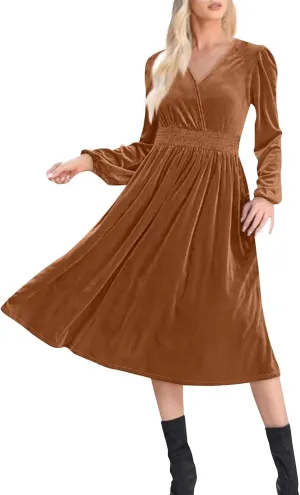Women's Velvet Dress Long Puff Sleeve Cocktail Party Semi-Formal Fit and Flare Church Wedding Guest Work Dresses