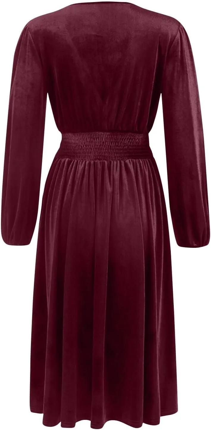 Women's Velvet Dress Long Puff Sleeve Cocktail Party Semi-Formal Fit and Flare Church Wedding Guest Work Dresses