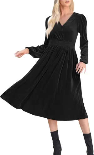 Women's Velvet Dress Long Puff Sleeve Cocktail Party Semi-Formal Fit and Flare Church Wedding Guest Work Dresses