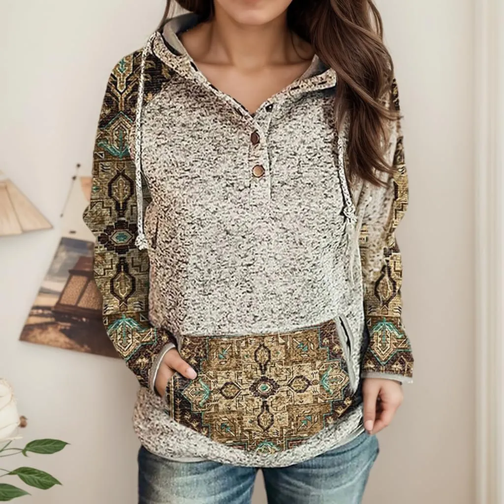 Women's Vintage Aztec Print Long Sleeve Hoodie with Pockets Casual Loose Oversized Half Button Western Sweatshirt