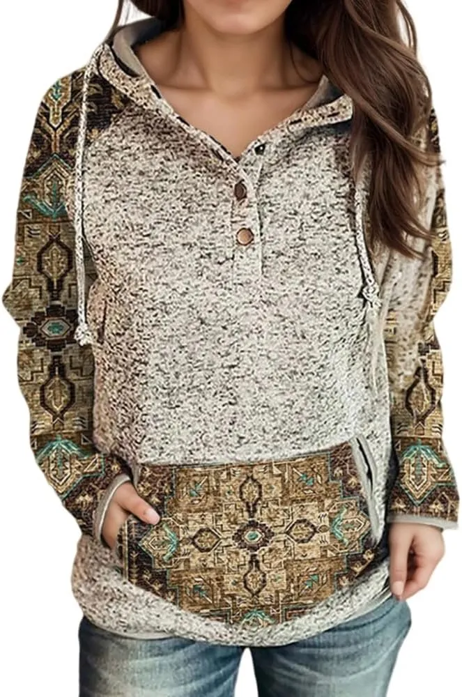 Women's Vintage Aztec Print Long Sleeve Hoodie with Pockets Casual Loose Oversized Half Button Western Sweatshirt