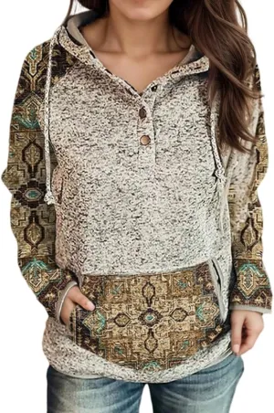 Women's Vintage Aztec Print Long Sleeve Hoodie with Pockets Casual Loose Oversized Half Button Western Sweatshirt