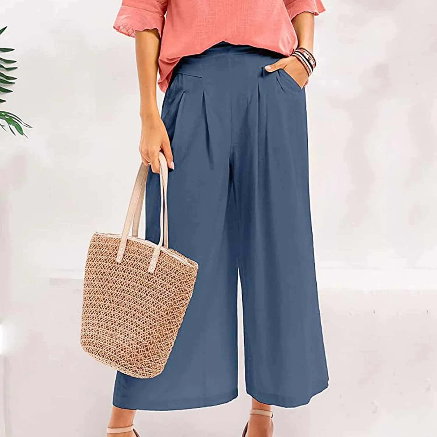 Womens Wide Leg Flare Pants Back Elastic High Waist Cotton Linen Solid Color Pants Summer Workout Capri Trousers with Pockets