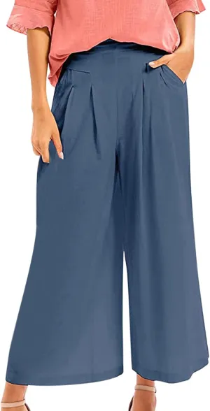 Womens Wide Leg Flare Pants Back Elastic High Waist Cotton Linen Solid Color Pants Summer Workout Capri Trousers with Pockets