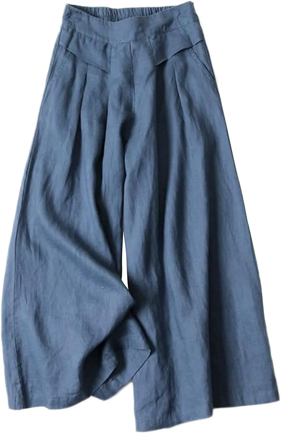 Womens Wide Leg Flare Pants Back Elastic High Waist Cotton Linen Solid Color Pants Summer Workout Capri Trousers with Pockets