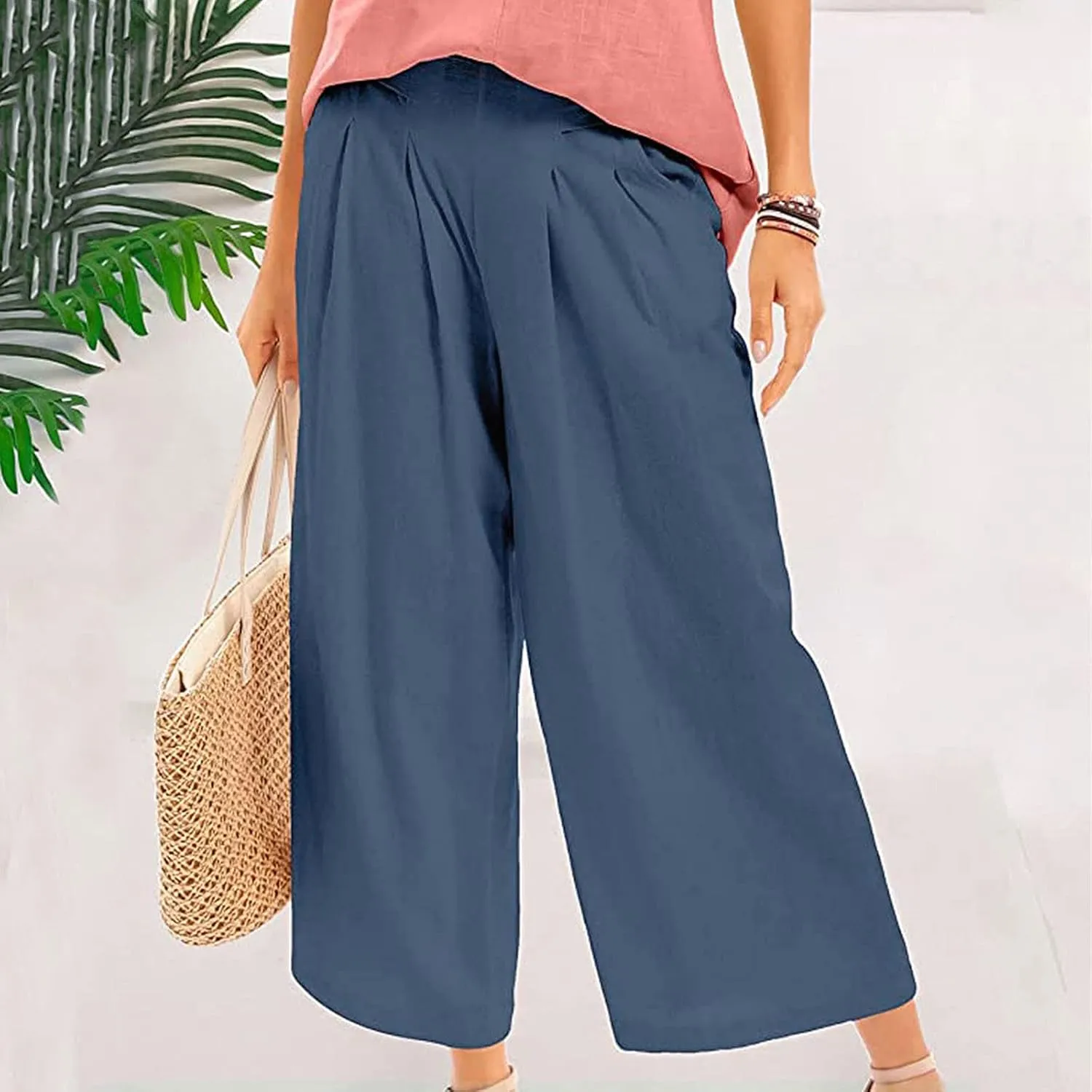 Womens Wide Leg Flare Pants Back Elastic High Waist Cotton Linen Solid Color Pants Summer Workout Capri Trousers with Pockets