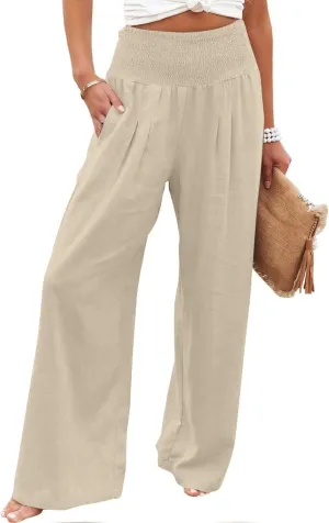 Women's Wide Leg Linen Pants Summer Loose High Waist Smocked Palazzo Pants Baggy Flowy Lounge Beach Pants Trousers