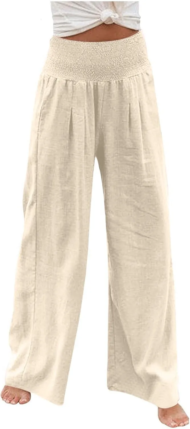 Women's Wide Leg Linen Pants Summer Loose High Waist Smocked Palazzo Pants Baggy Flowy Lounge Beach Pants Trousers