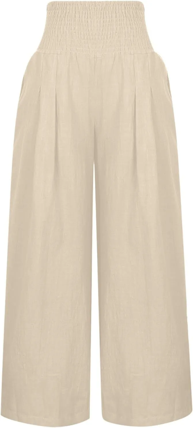 Women's Wide Leg Linen Pants Summer Loose High Waist Smocked Palazzo Pants Baggy Flowy Lounge Beach Pants Trousers