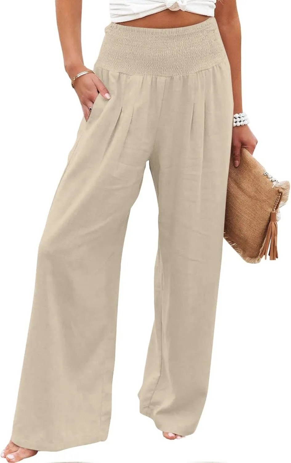 Women's Wide Leg Linen Pants Summer Loose High Waist Smocked Palazzo Pants Baggy Flowy Lounge Beach Pants Trousers