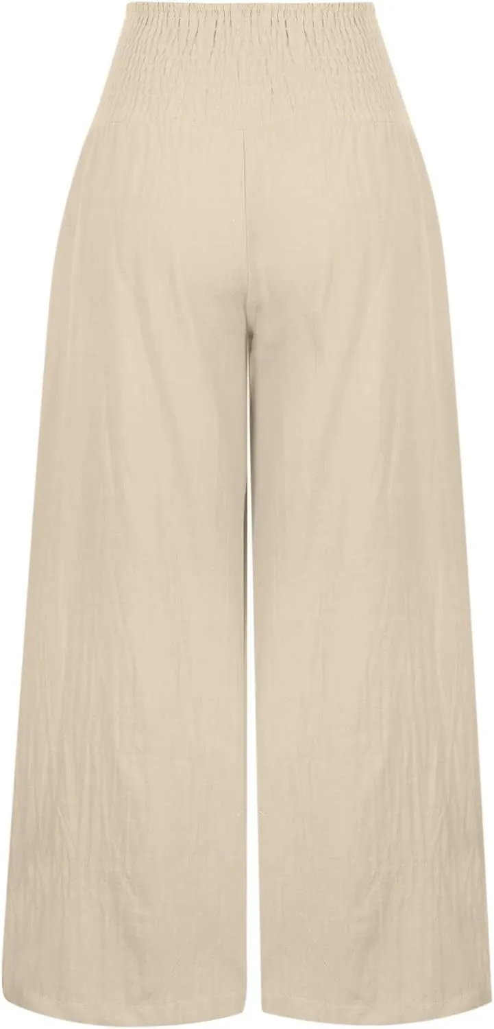 Women's Wide Leg Linen Pants Summer Loose High Waist Smocked Palazzo Pants Baggy Flowy Lounge Beach Pants Trousers