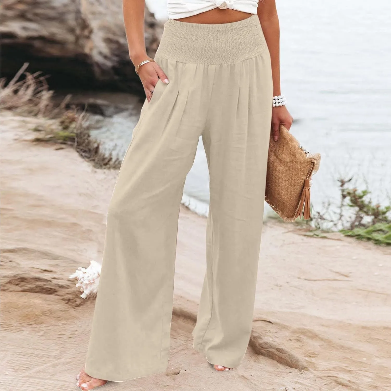 Women's Wide Leg Linen Pants Summer Loose High Waist Smocked Palazzo Pants Baggy Flowy Lounge Beach Pants Trousers