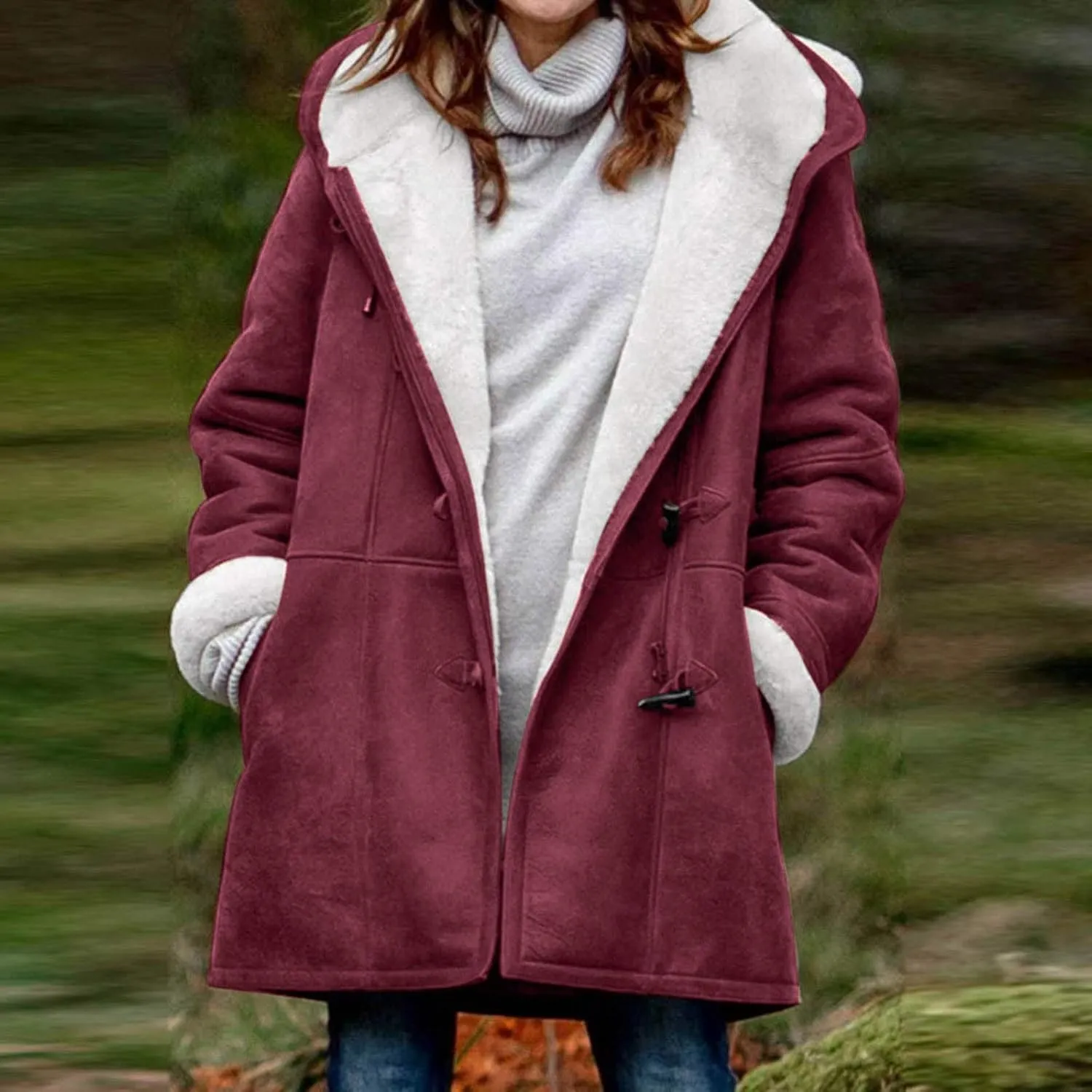 Women's Winter Down Jacket Warm Plush Hoodies Horn Button Coat Plus Size Wool Jacket Velvet Outerwear