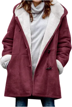 Women's Winter Down Jacket Warm Plush Hoodies Horn Button Coat Plus Size Wool Jacket Velvet Outerwear