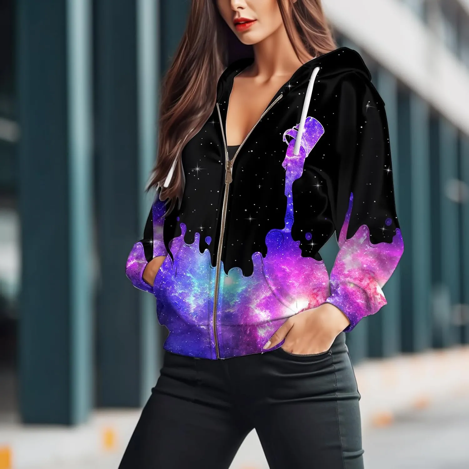 Womens Zip Front Plaid Sweatshirts Print Hoodie Fall Jackets Long Sleeve Casual Drawstring Clothes