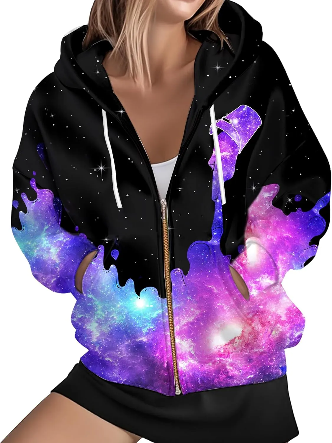 Womens Zip Front Plaid Sweatshirts Print Hoodie Fall Jackets Long Sleeve Casual Drawstring Clothes