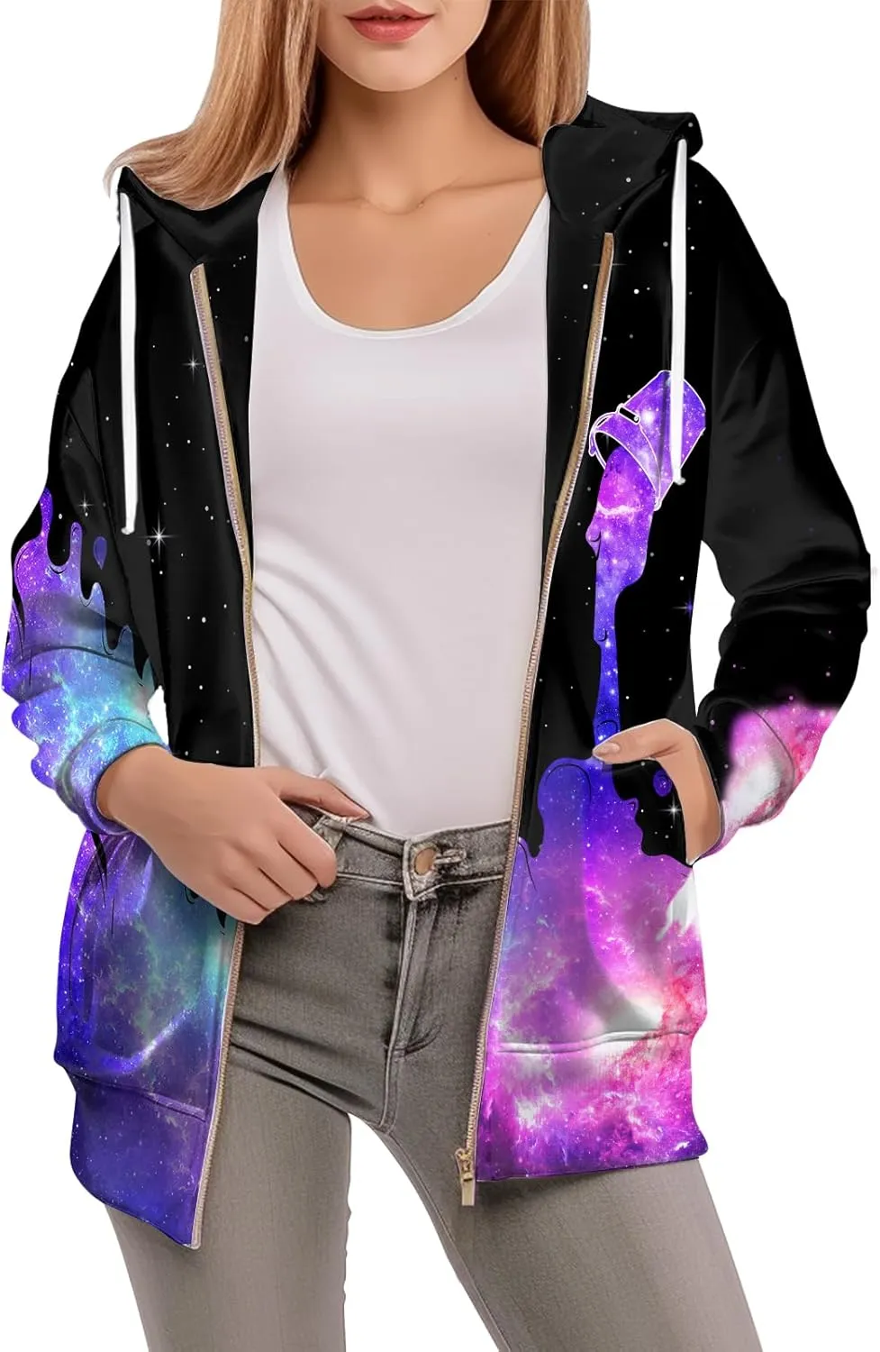 Womens Zip Front Plaid Sweatshirts Print Hoodie Fall Jackets Long Sleeve Casual Drawstring Clothes