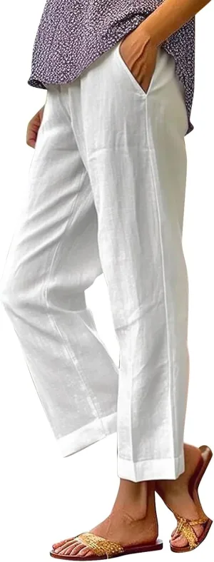 Women'sWide Leg Pants 2024 Women Solid Straight Solid Elastic Pants Long Drawstring Linen Women Low Rise Wide Leg