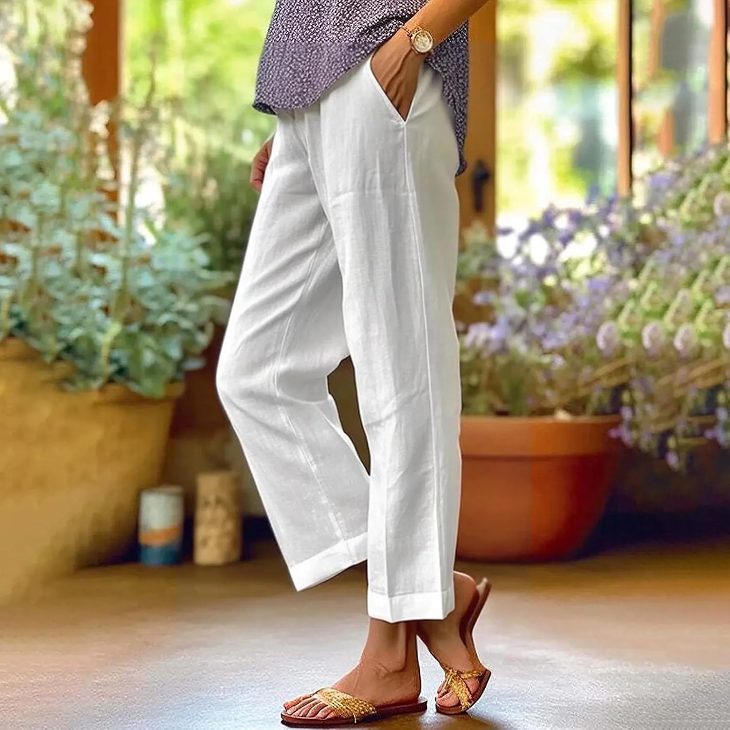 Women'sWide Leg Pants 2024 Women Solid Straight Solid Elastic Pants Long Drawstring Linen Women Low Rise Wide Leg
