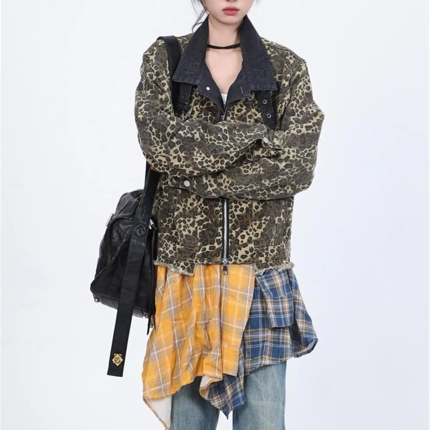 Y2k Aesthetic Leopard Print Denim Jacket for Women, Vintage Button Down Jean Jacket with Pockets, Casual Streetwear
