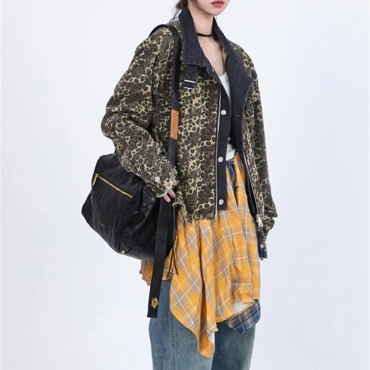 Y2k Aesthetic Leopard Print Denim Jacket for Women, Vintage Button Down Jean Jacket with Pockets, Casual Streetwear